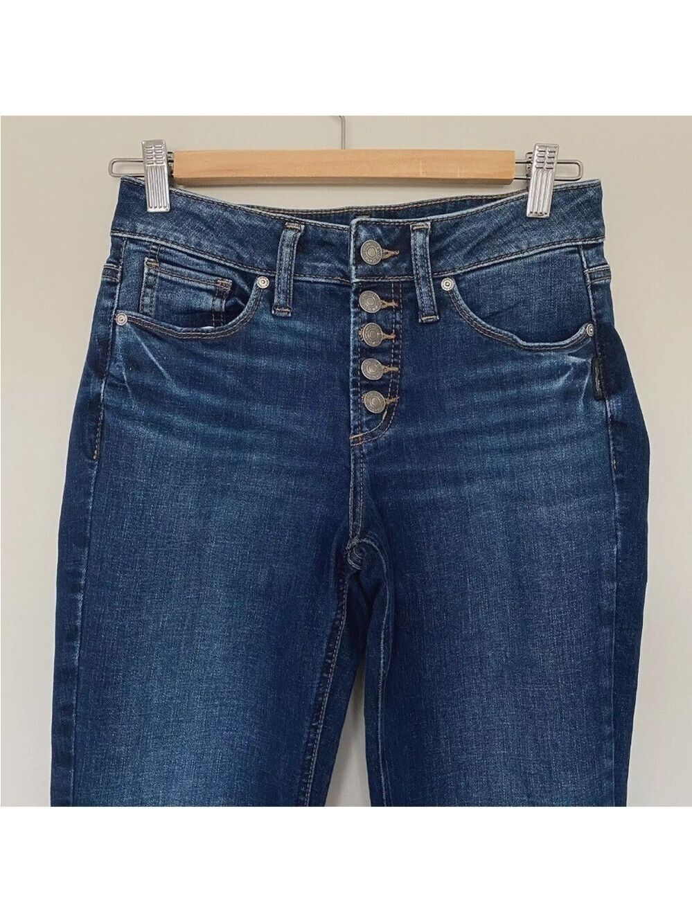 Silver Suki Bootcut Jeans Exposed Button Fly Size 27X33 Dark Wash Stretch